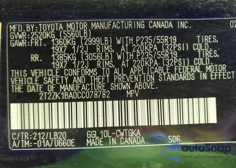 2012 Lexus Rx 350 z USA, uszkodzony, nr VIN 2T2ZK1BA0CC078782